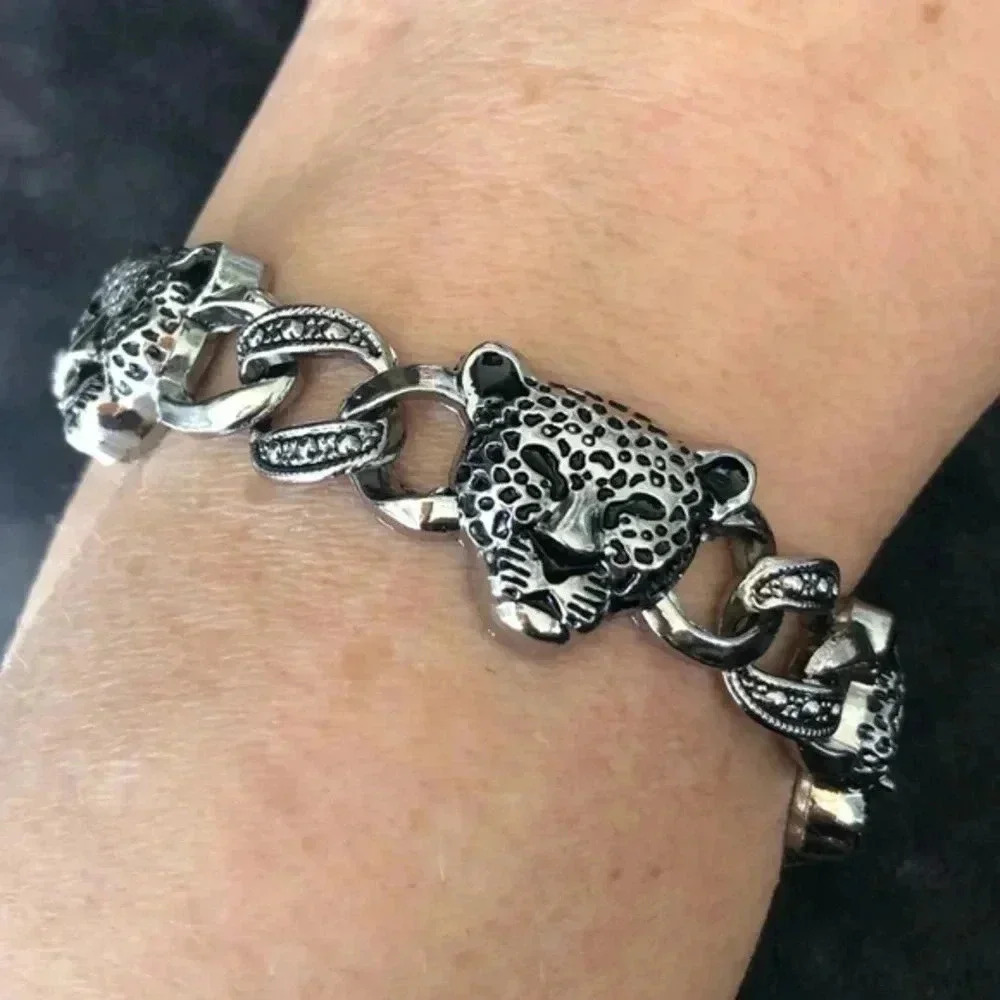 Leopard Cheetah Milgrain Chain Gunmetal Gray Silver Bracelet NWT